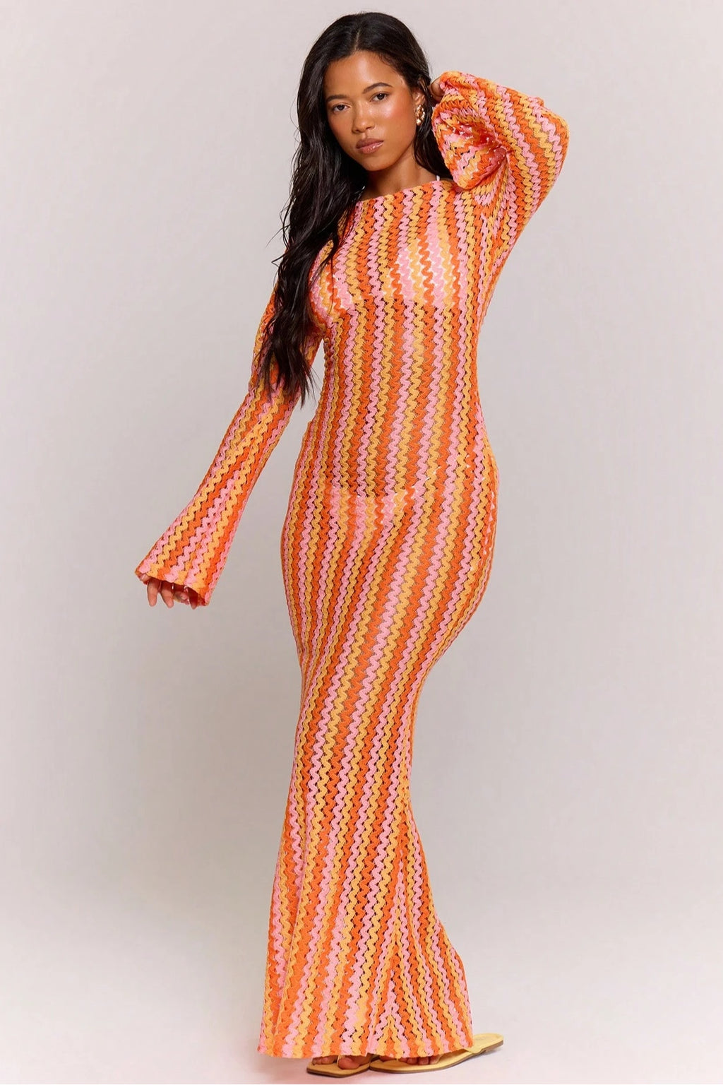 Liora Striped Knit Flare Maxi Dress-Orange
