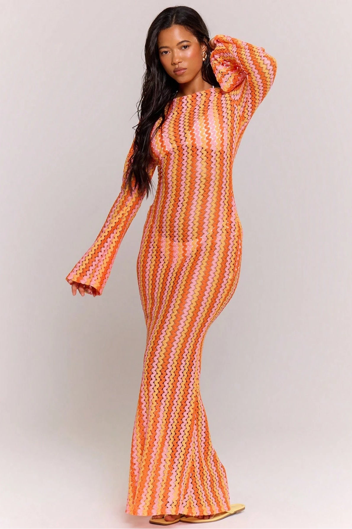 Liora Striped Knit Flare Maxi Dress-Orange