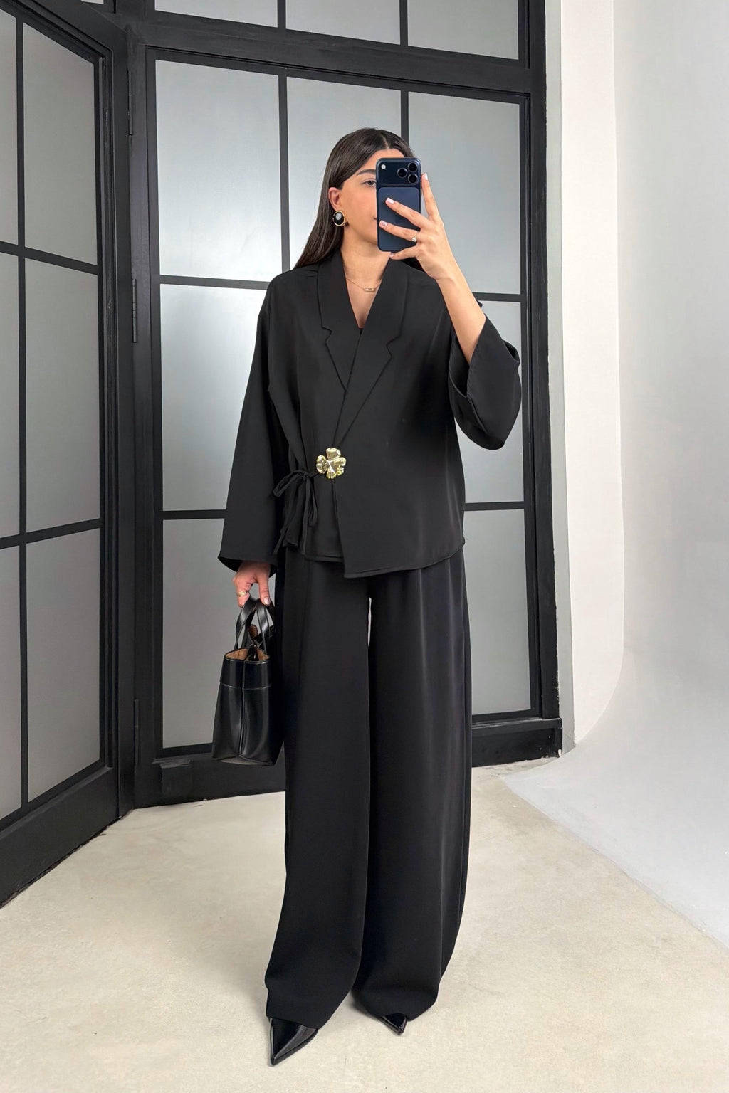 Elsa Floral Buckle Wrap Pant Suit-Black