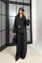 Elsa Floral Buckle Wrap Pant Suit-Black