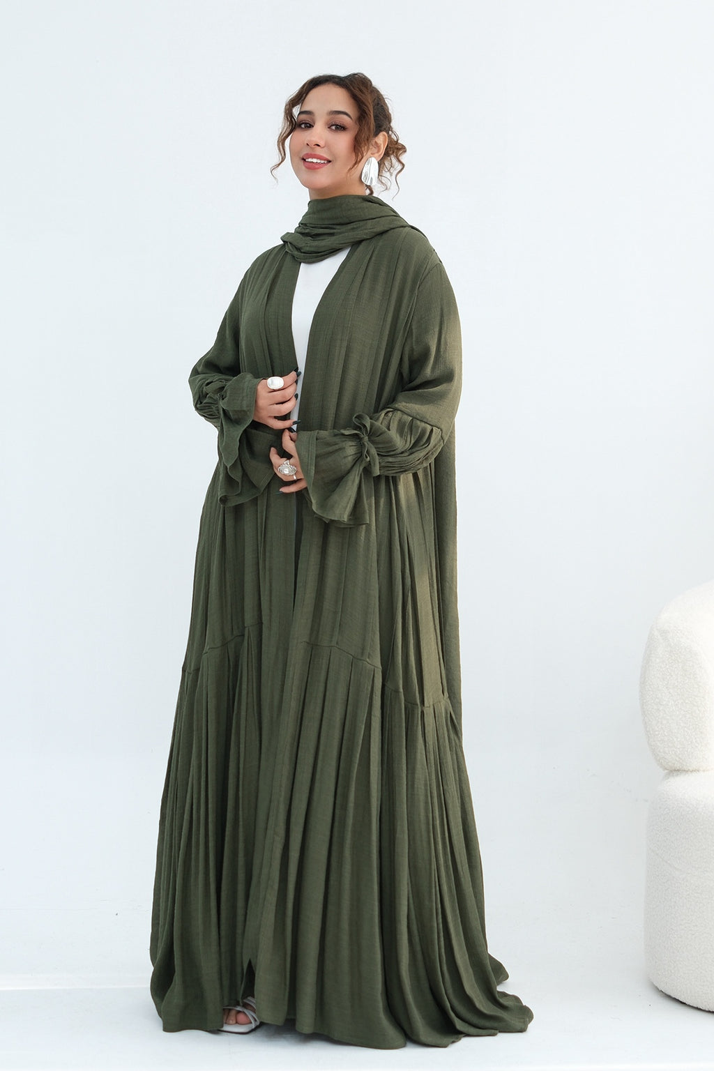 Rahma Tiered Flare Cuff Open Abaya-Green