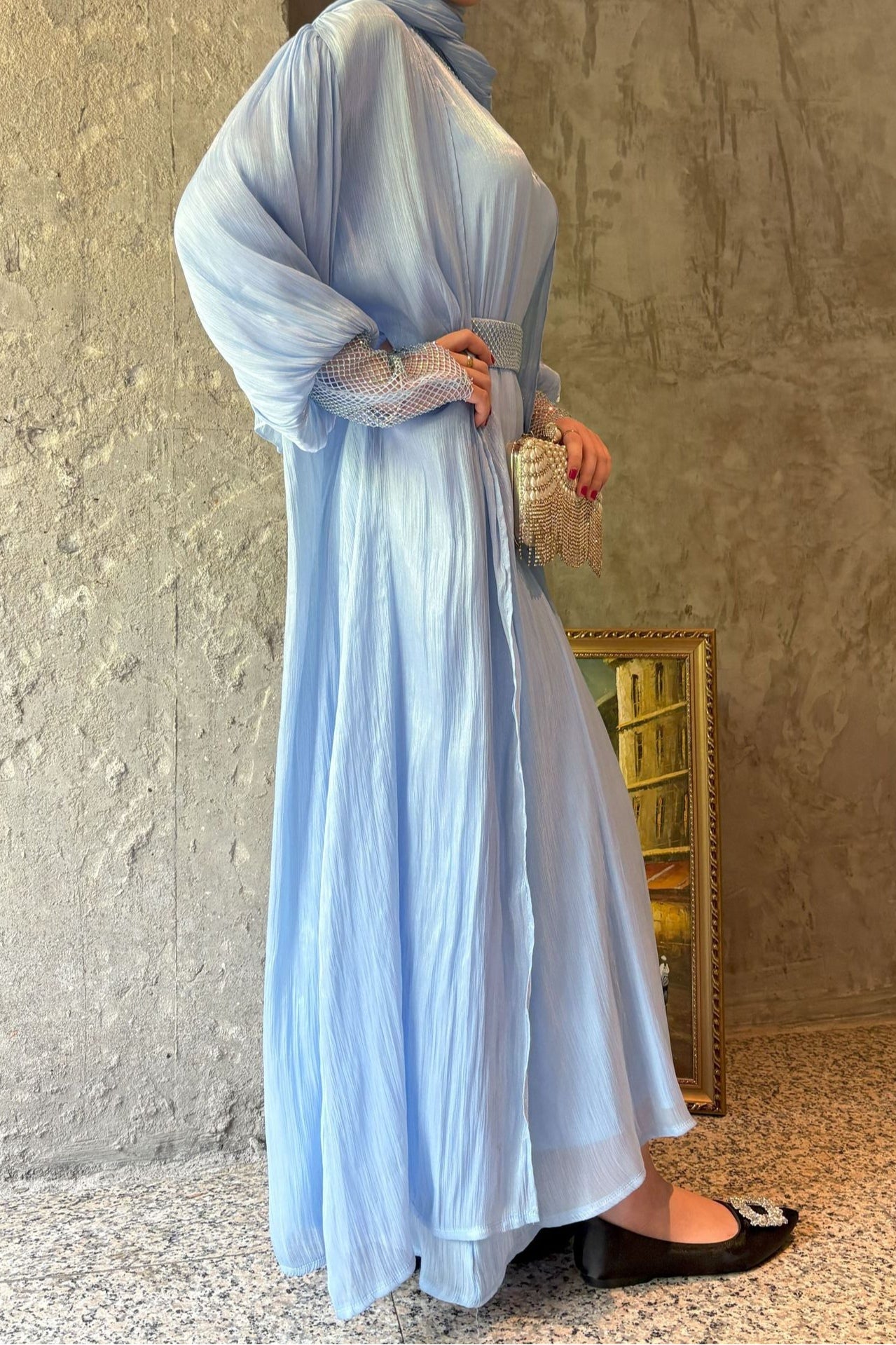 Sara Rhinestone Cuff Two-Piece Abaya-Blue