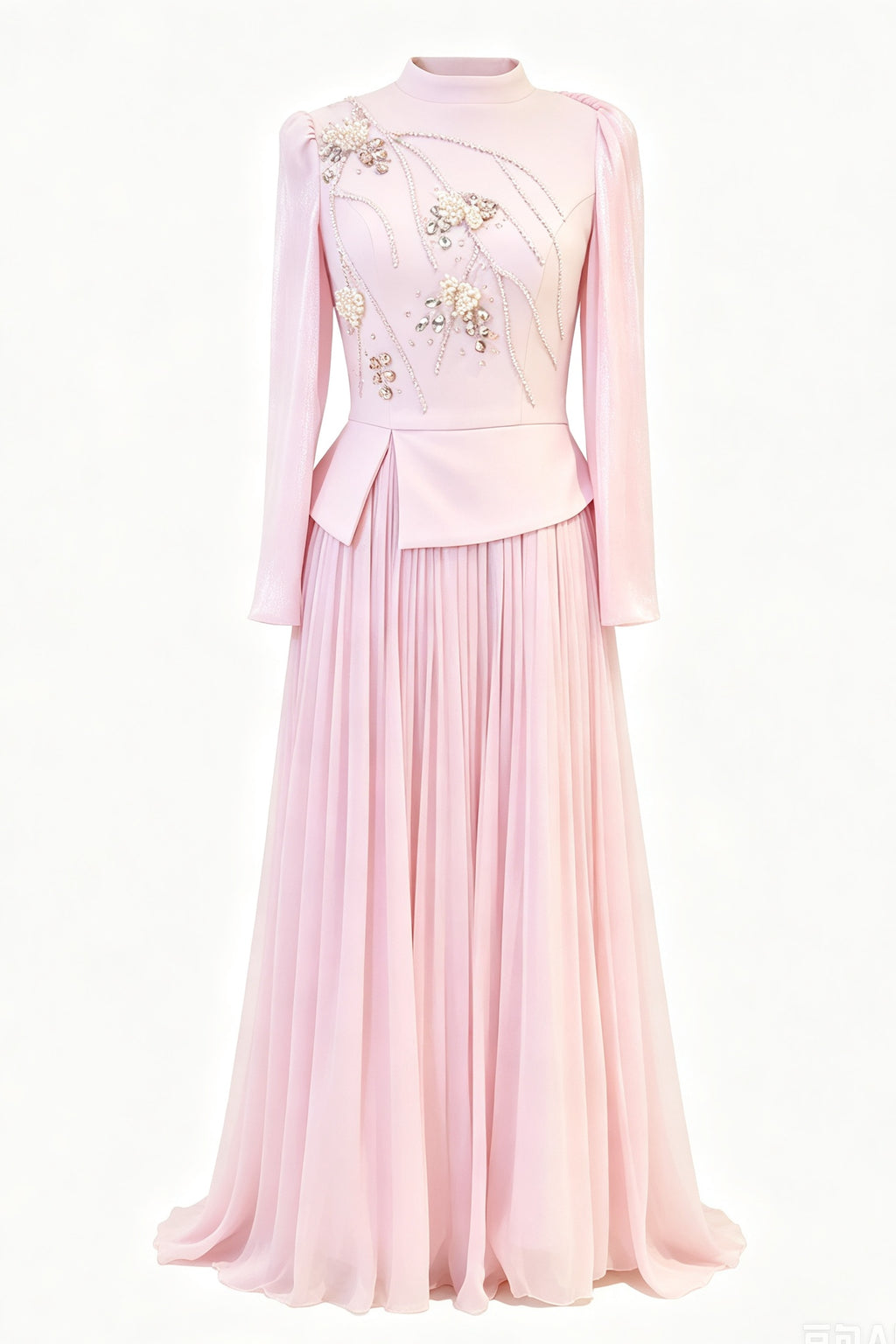 Yara Beaded Cape Peplum Pleated Maxi Dress-Pink