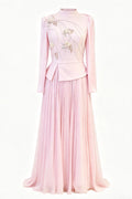 Yara Beaded Cape Peplum Pleated Maxi Dress-Pink