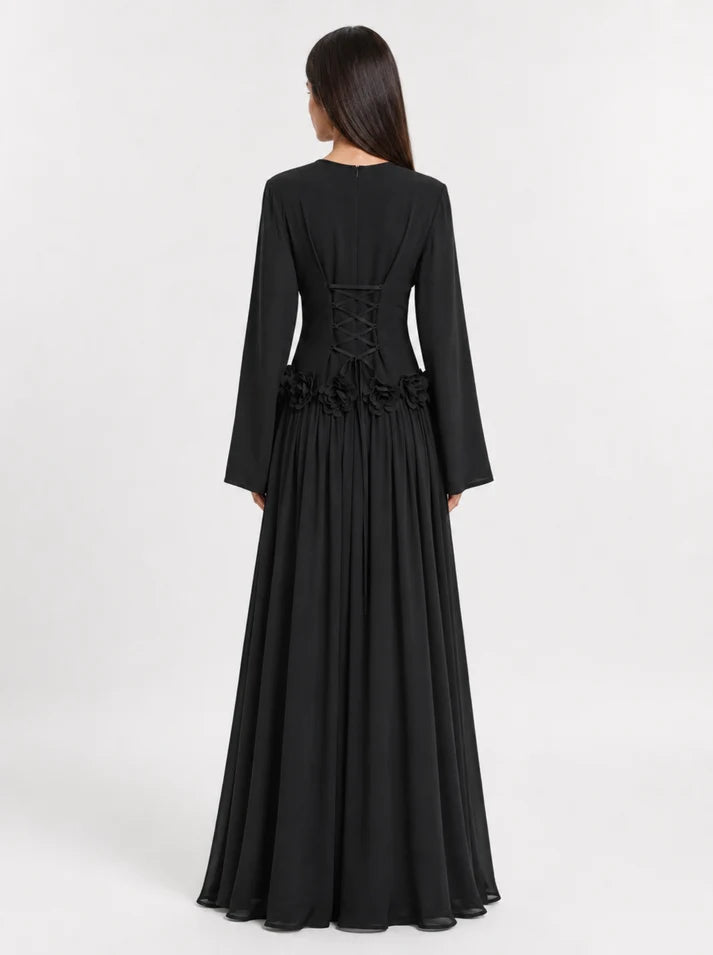 Amaya Flowerfall Gown -Black