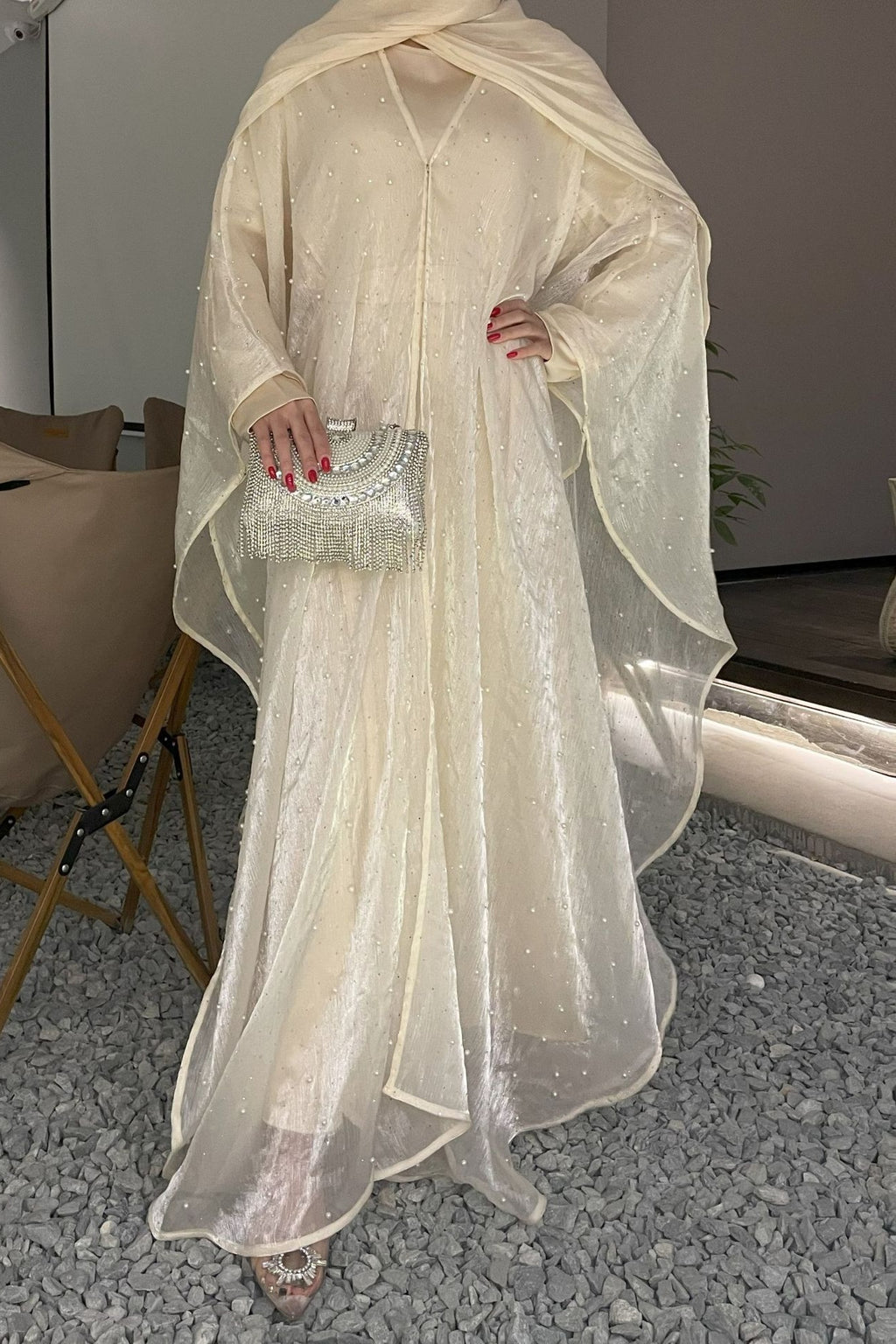 Nur Pearl Draped Two-Piece Abaya-Apricot