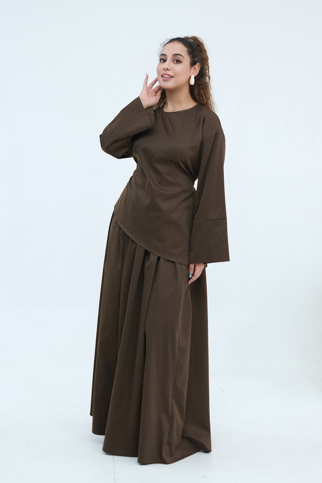 Zahra Asymmetrical Two Piece Maxi Set-Coffee