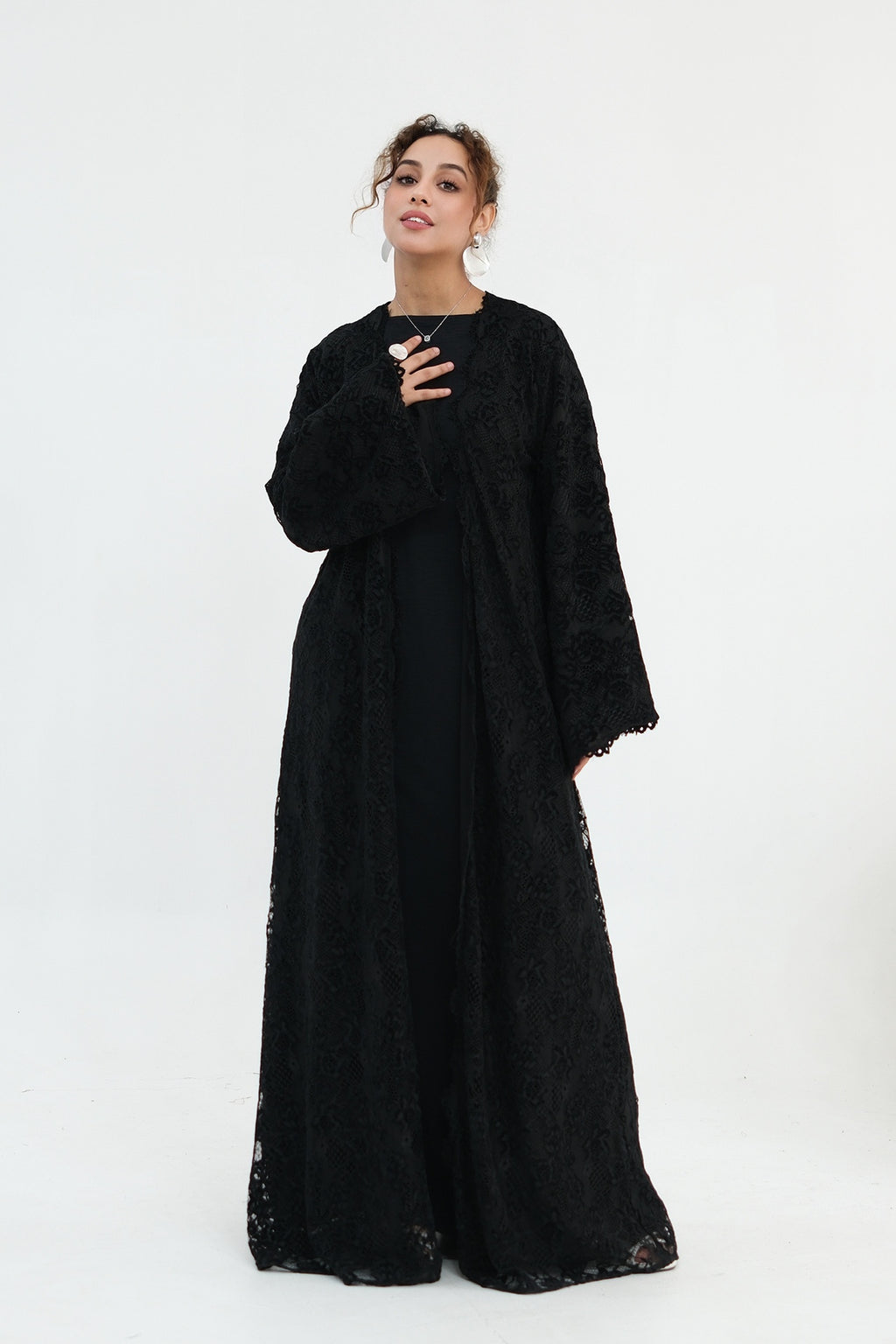 Nurul Floral Lace Open Front Long Abaya-Black