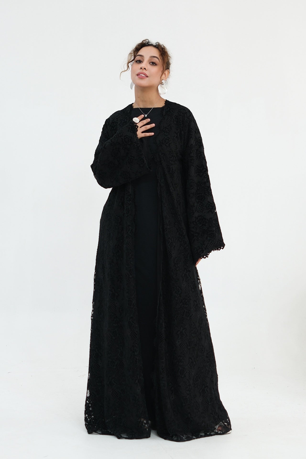Nurul Floral Lace Open Front Long Abaya-Black