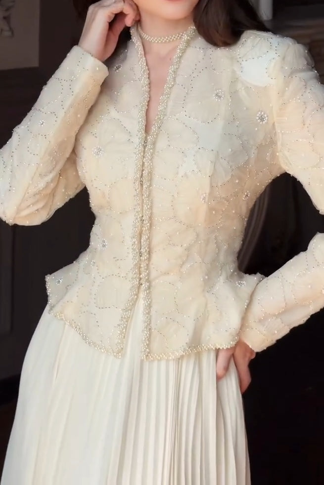 Embellished Peplum Jacket and Pleated Maxi Skirt Two-Piece Set