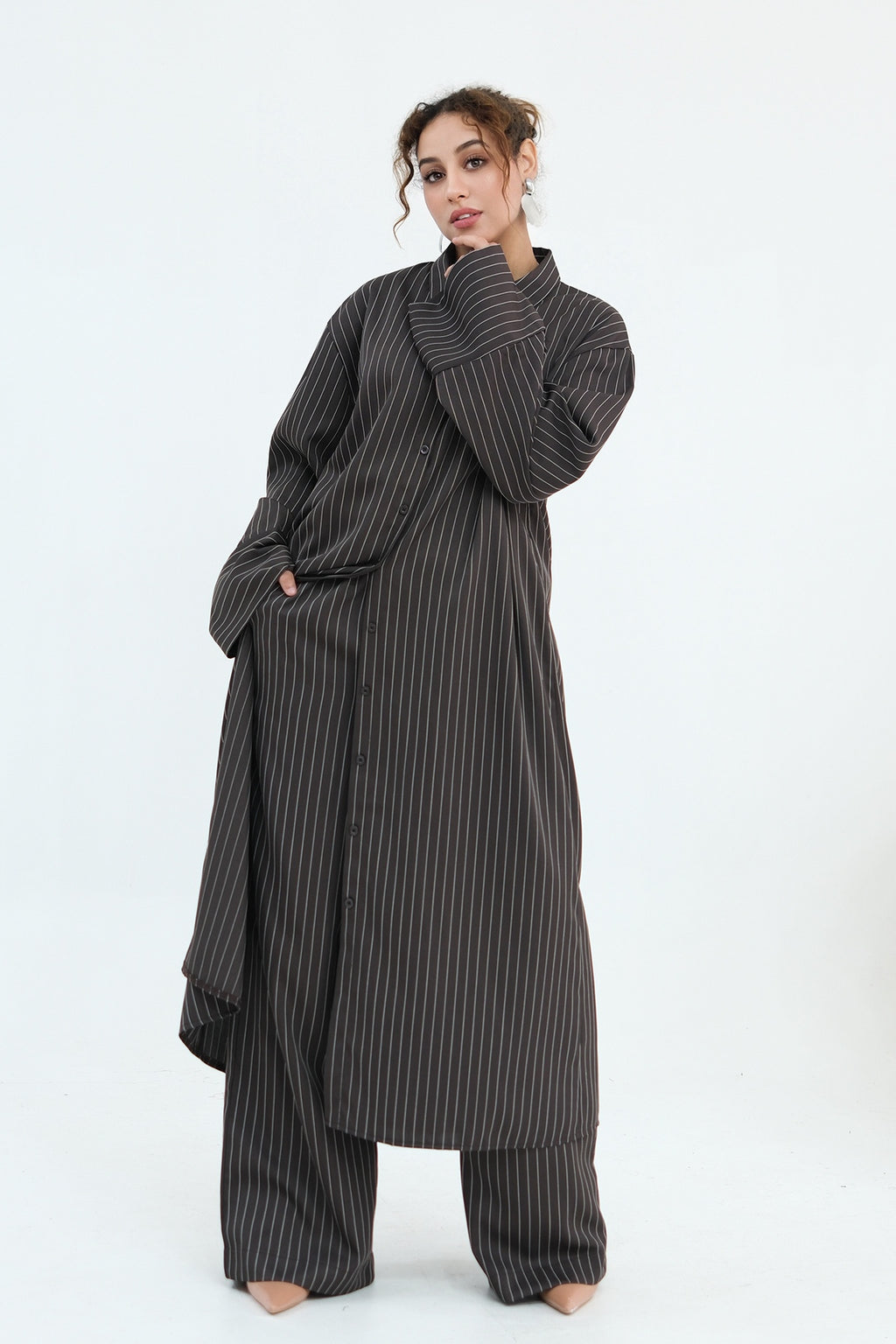 Muna Striped Shirt Long Two Piece Set-Black