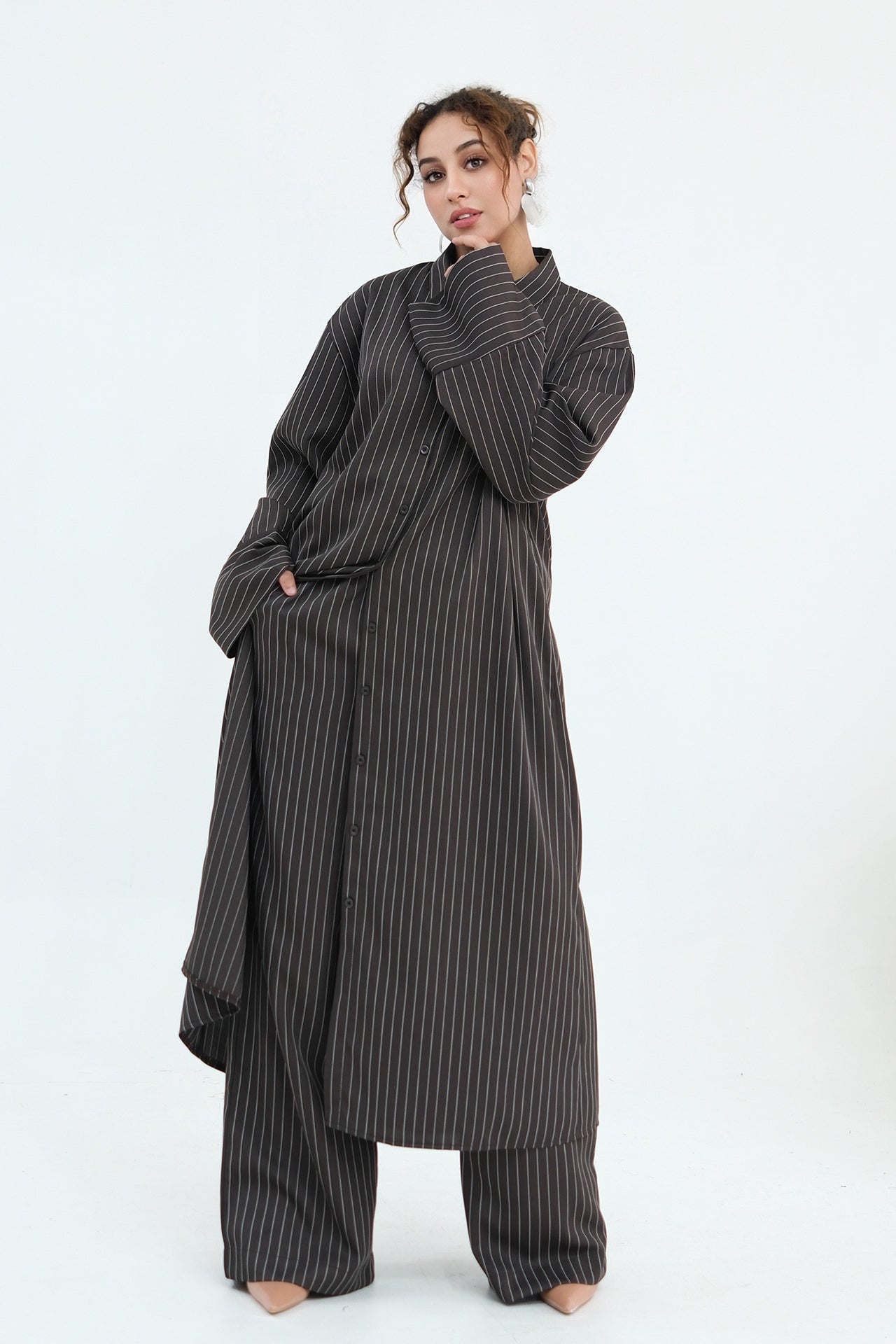 Muna Striped Shirt Long Two Piece Set-Black
