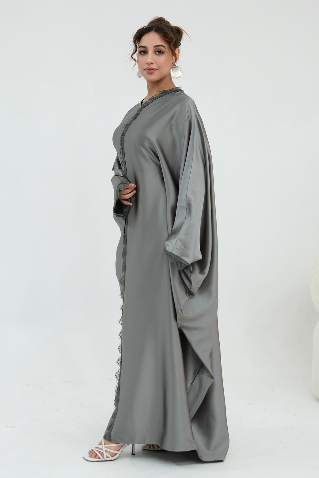 Sara Lace Trim Batwing Satin Abaya-Grey