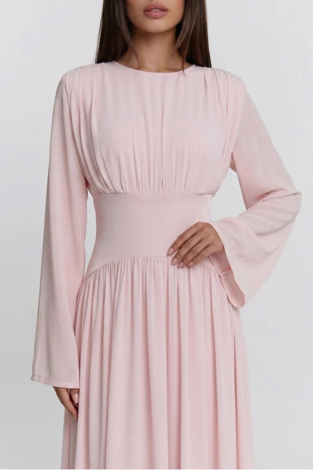 Iris Gathered Waist Flare Sleeve Maxi Dress-Pink
