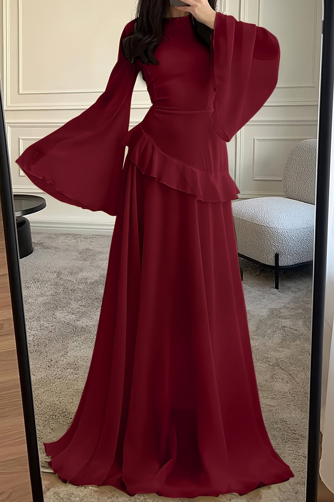 Elegant Luxury Lightweight Long Sleeve Maxi Dress-Red