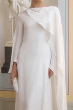 Elegant Cape-Sleeve Modest Maxi Dress-White