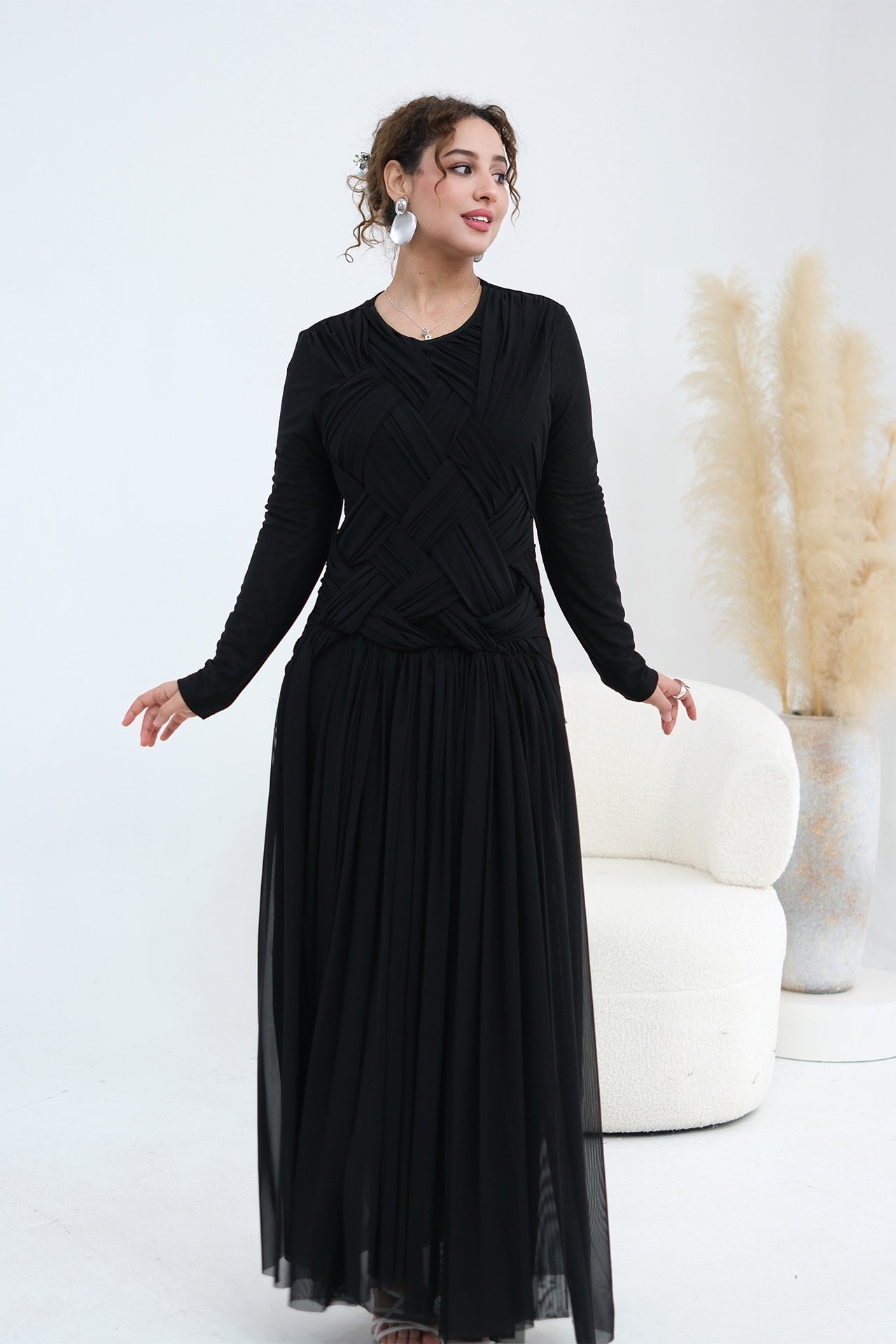 Grace Woven Mesh Maxi Dress-Black