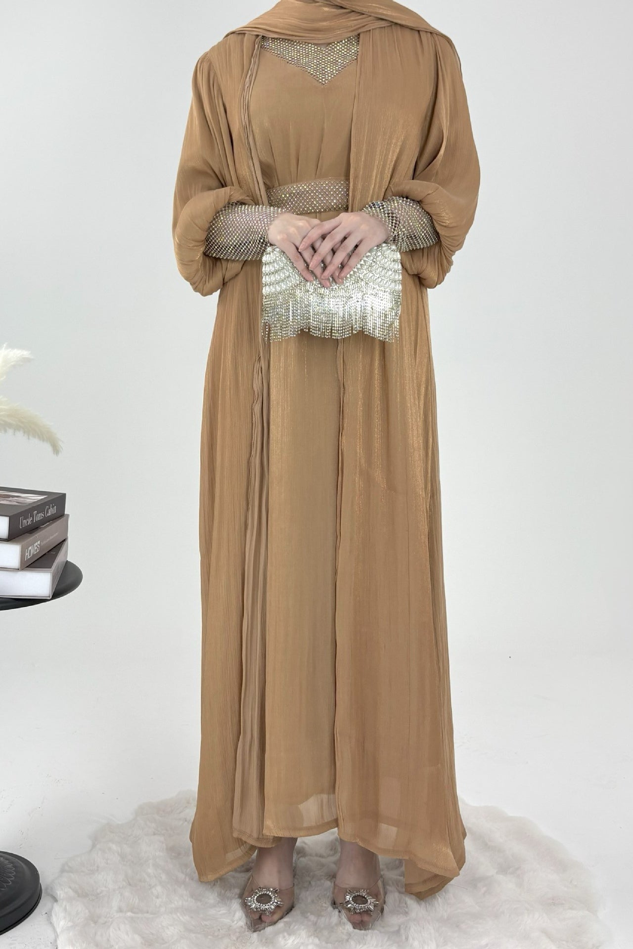 Sara Rhinestone Cuff Two-Piece Abaya-Gold