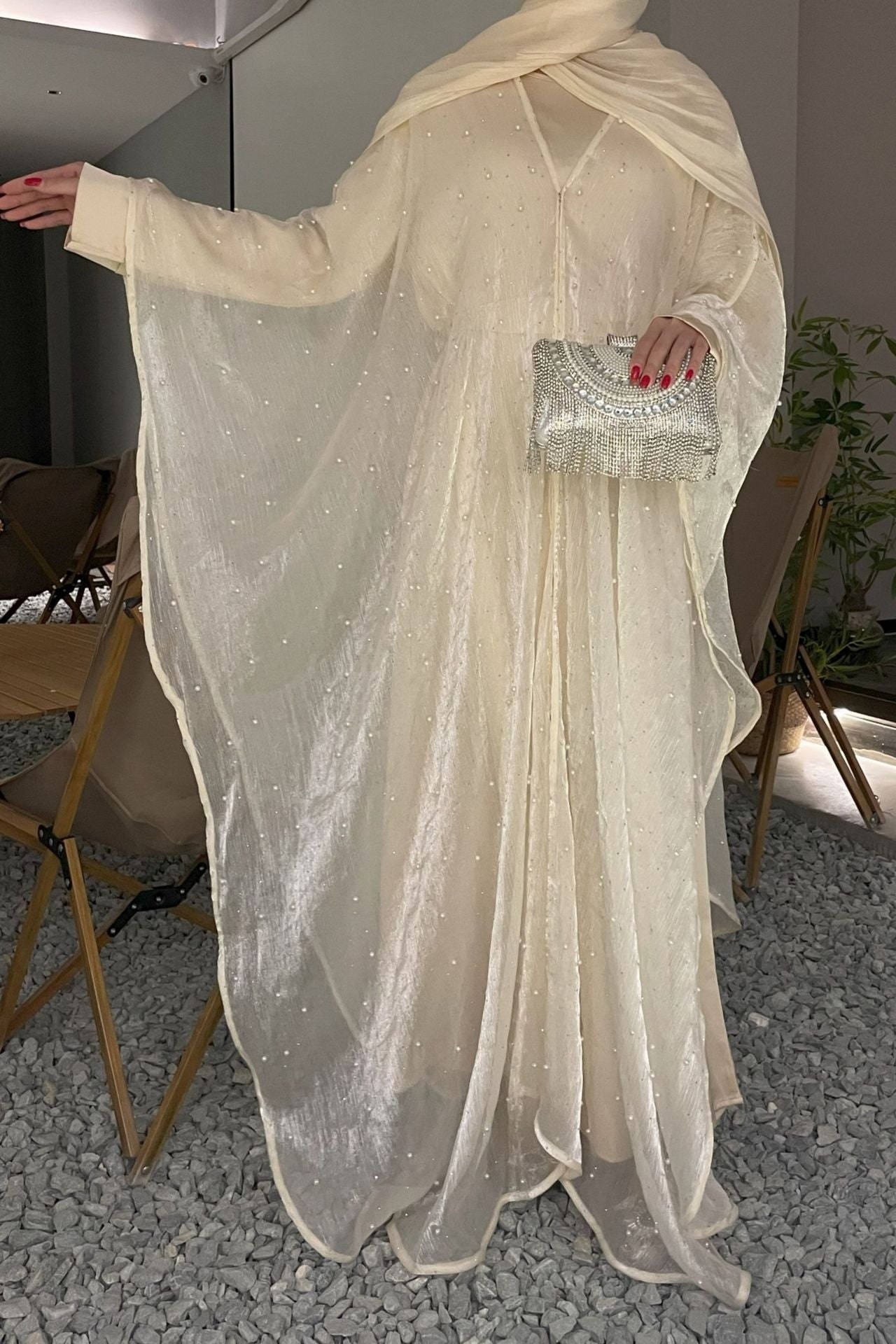 Nur Pearl Draped Two-Piece Abaya-Apricot