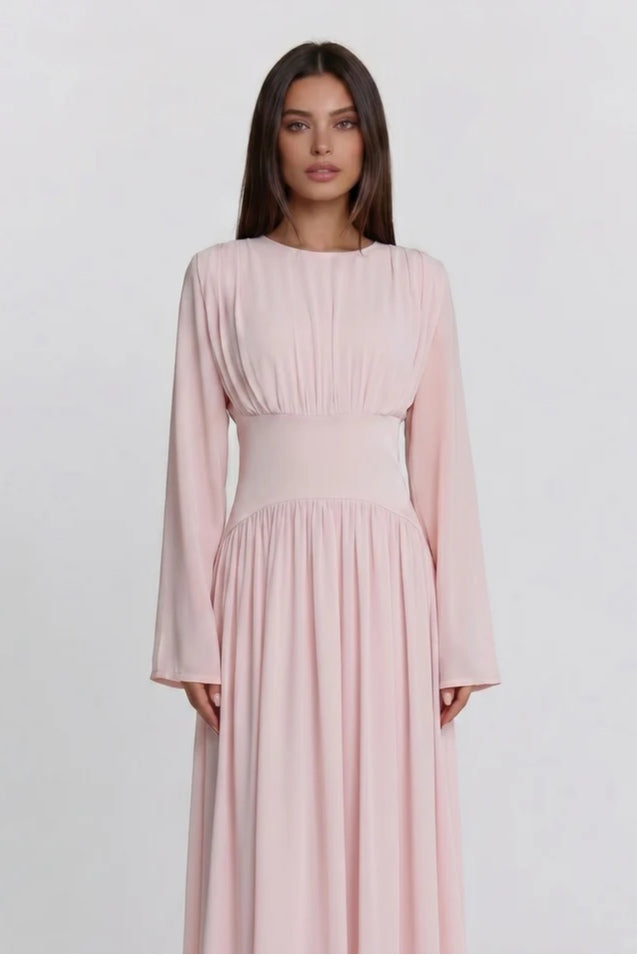 Iris Gathered Waist Flare Sleeve Maxi Dress-Pink