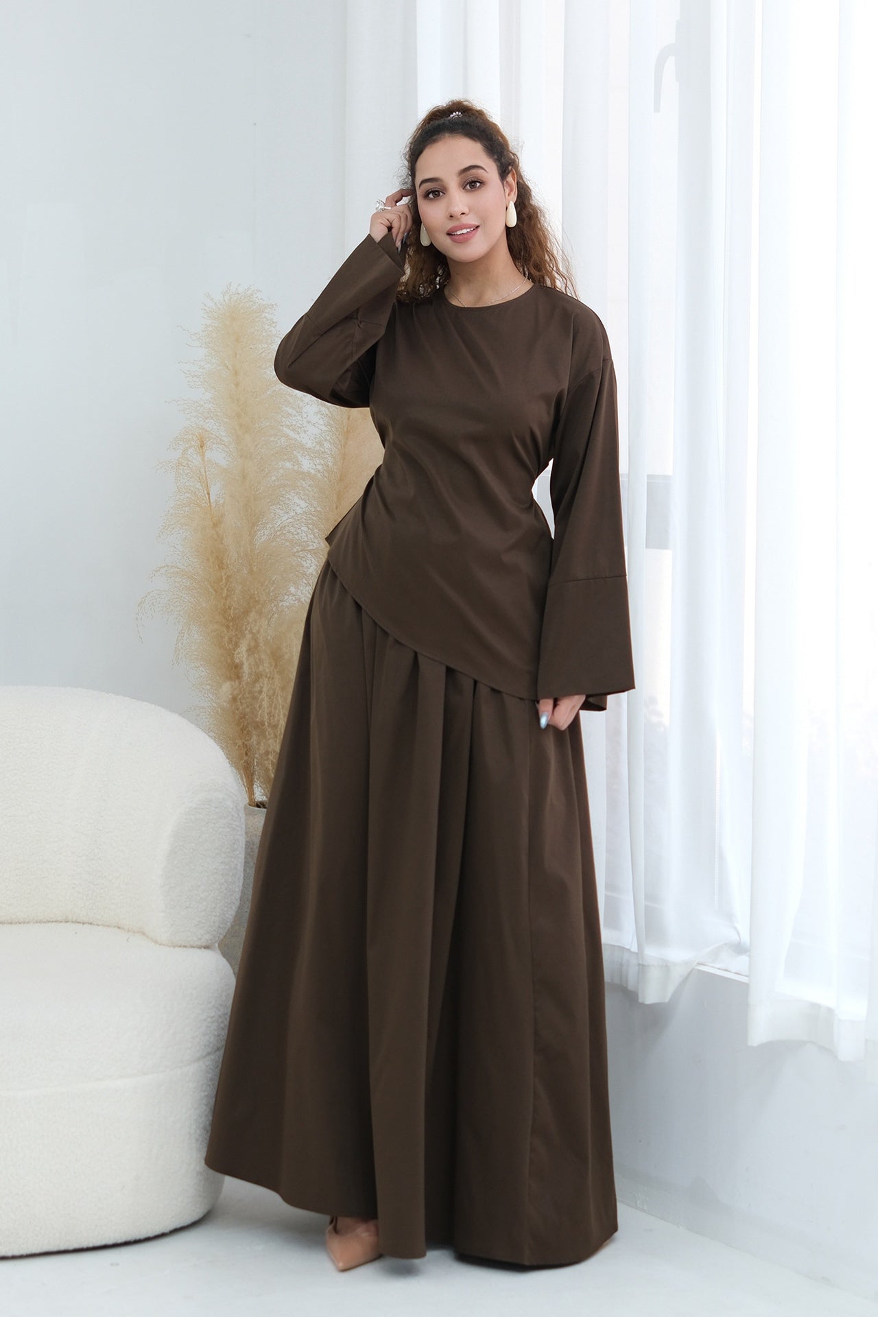 Zahra Asymmetrical Two Piece Maxi Set-Coffee