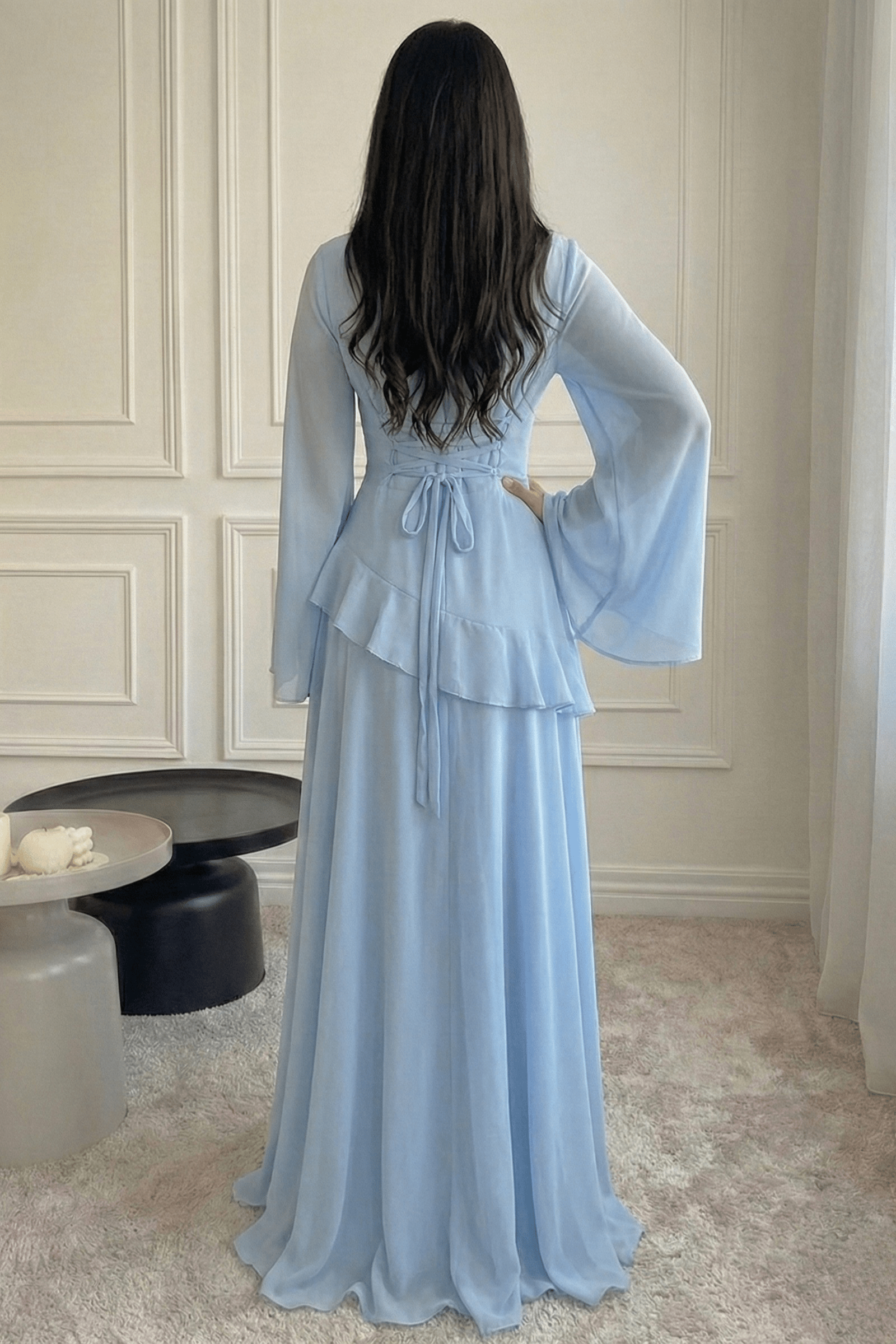 Elegant Luxury Lightweight Long Sleeve Maxi Dress-Blue
