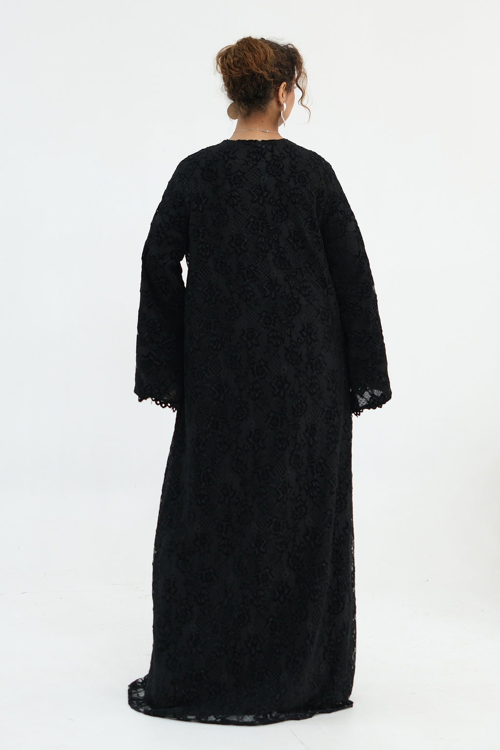 Nurul Floral Lace Open Front Long Abaya-Black