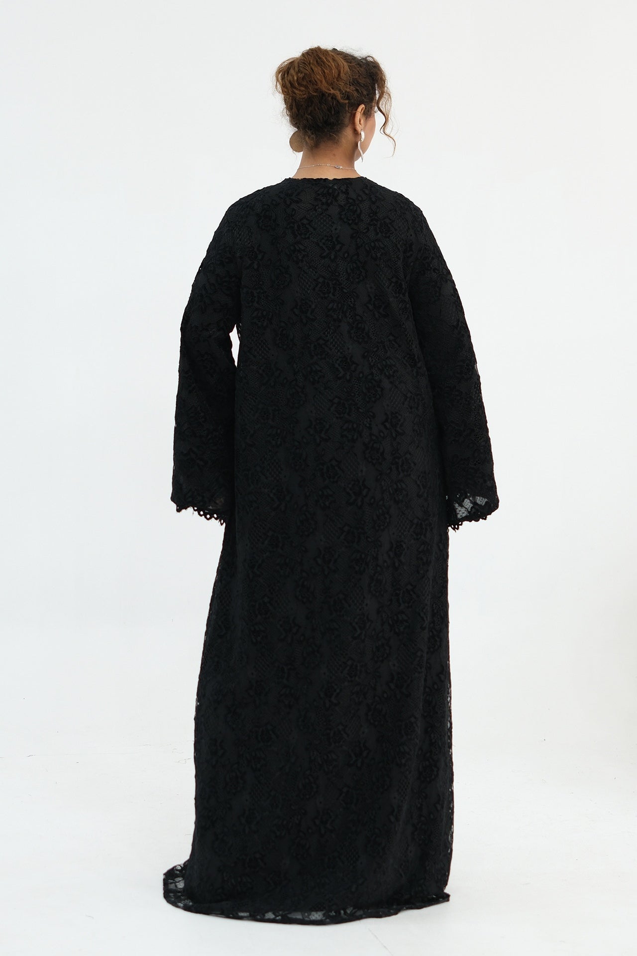 Nurul Floral Lace Open Front Long Abaya-Black