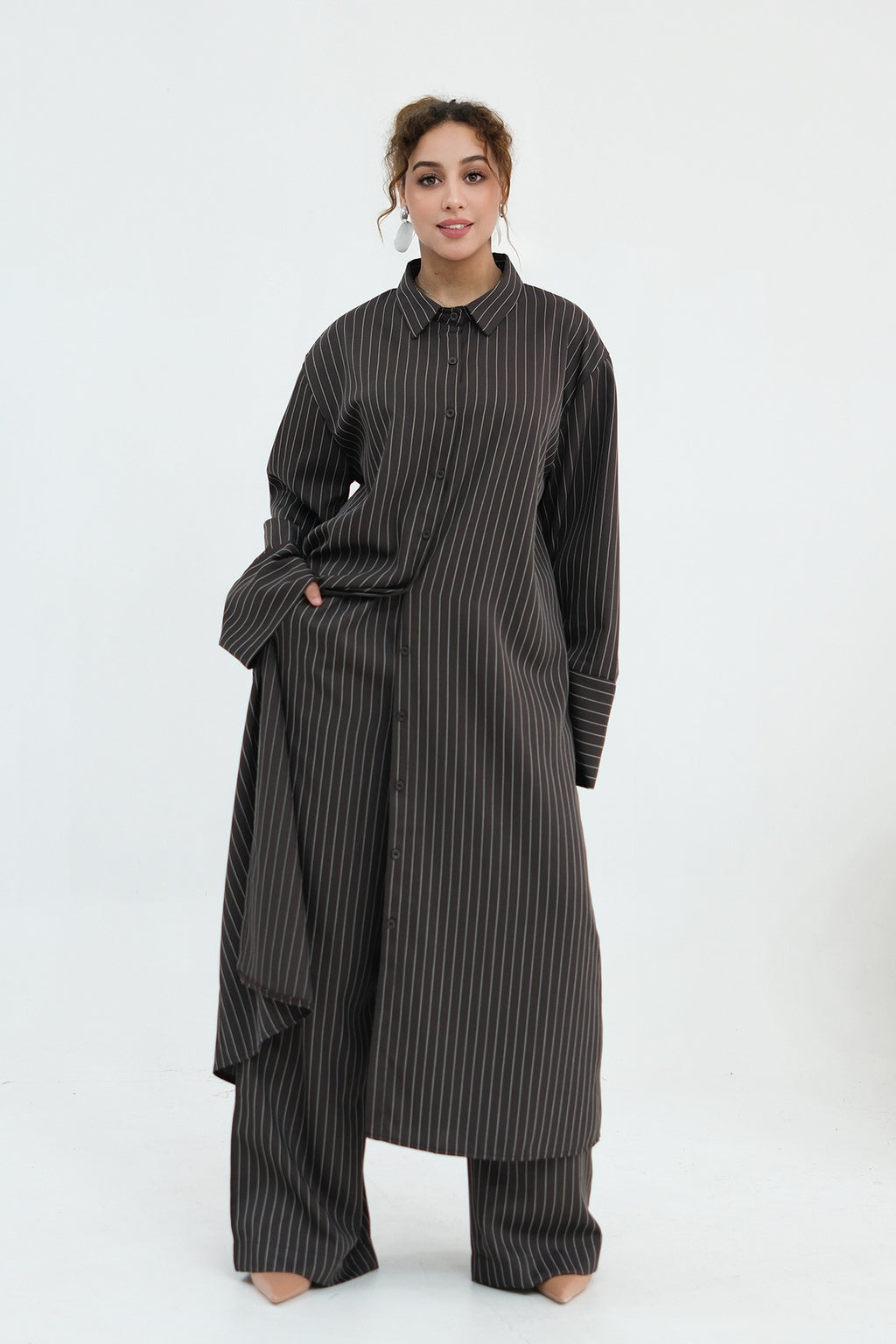 Muna Striped Shirt Long Two Piece Set-DarkGrey
