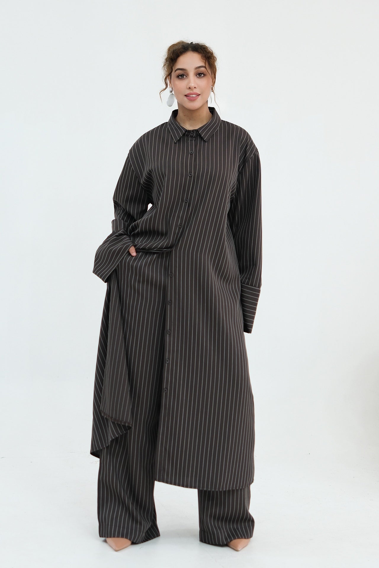 Muna Striped Shirt Long Two Piece Set-DarkGrey