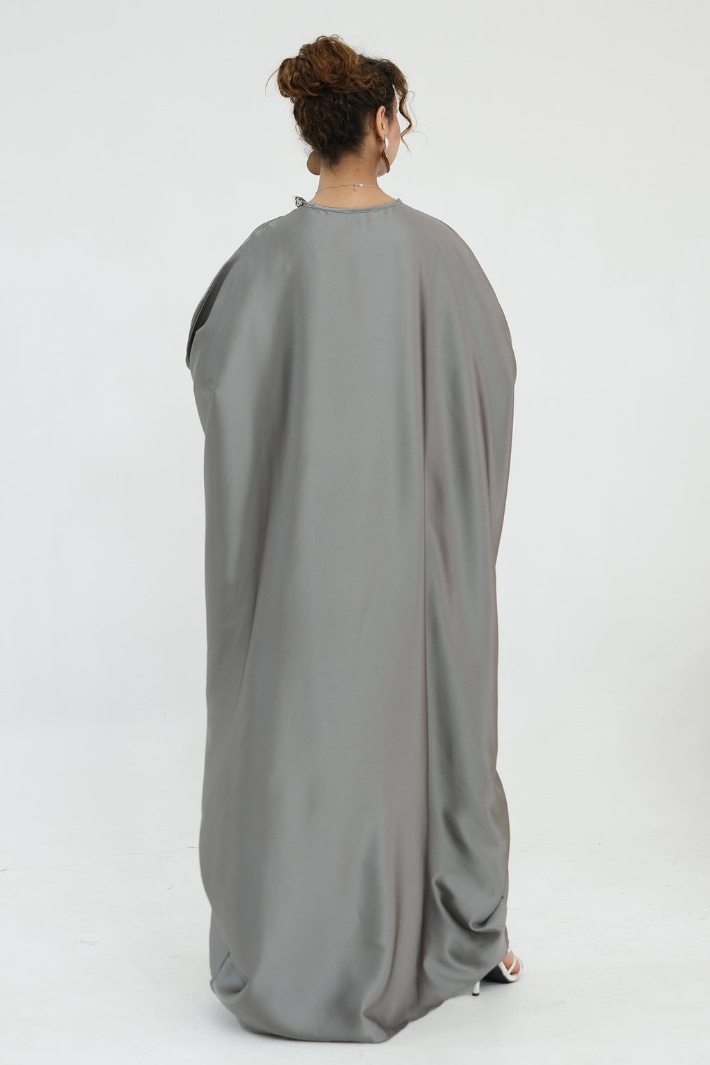 Sara Lace Trim Batwing Satin Abaya-Grey