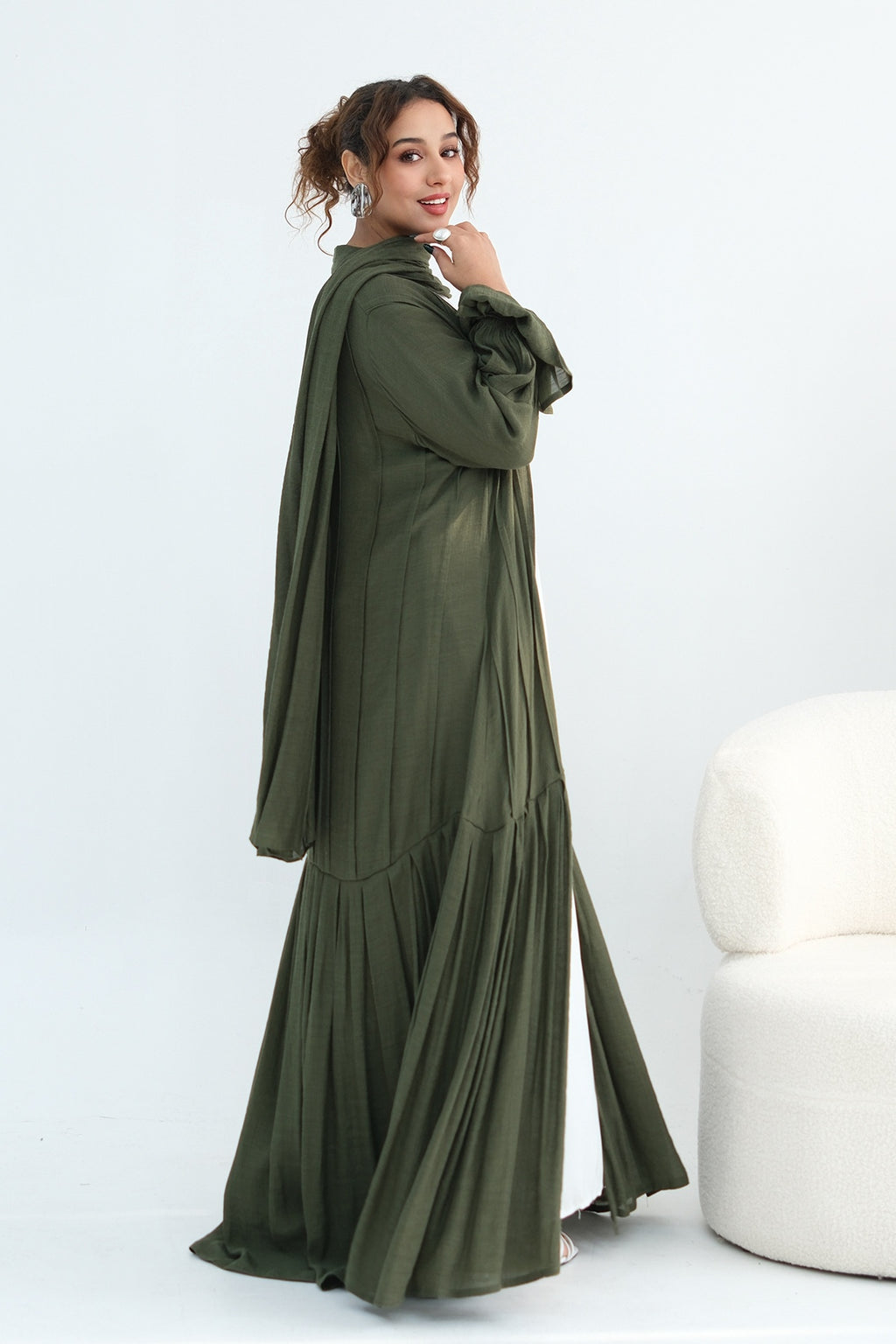Rahma Tiered Flare Cuff Open Abaya-Green