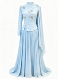 Yara Beaded Cape Peplum Pleated Maxi Dress-Blue