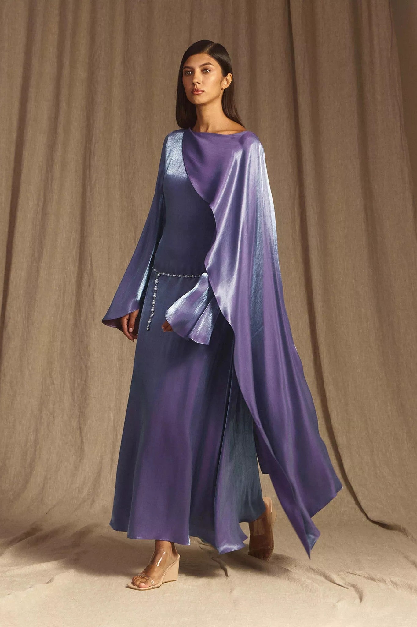 Elegant Cape-Sleeve Modest Maxi Dress-Purple