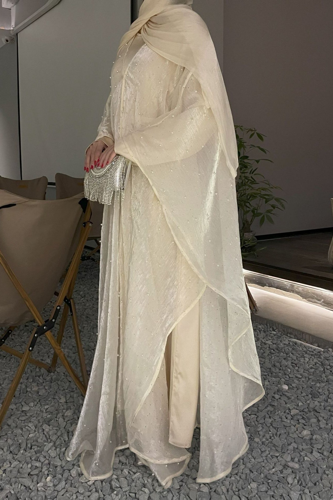 Nur Pearl Draped Two-Piece Abaya-Apricot