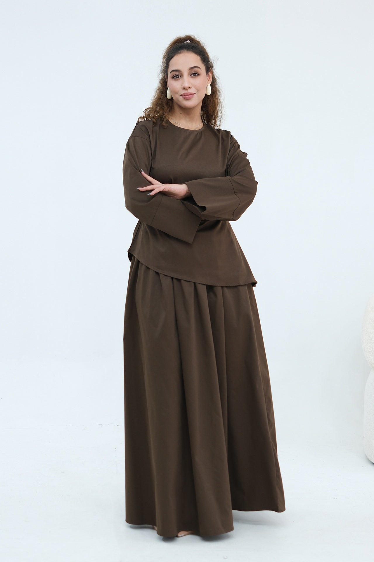 Zahra Asymmetrical Two Piece Maxi Set-Coffee