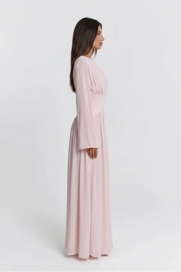 Iris Gathered Waist Flare Sleeve Maxi Dress-Pink