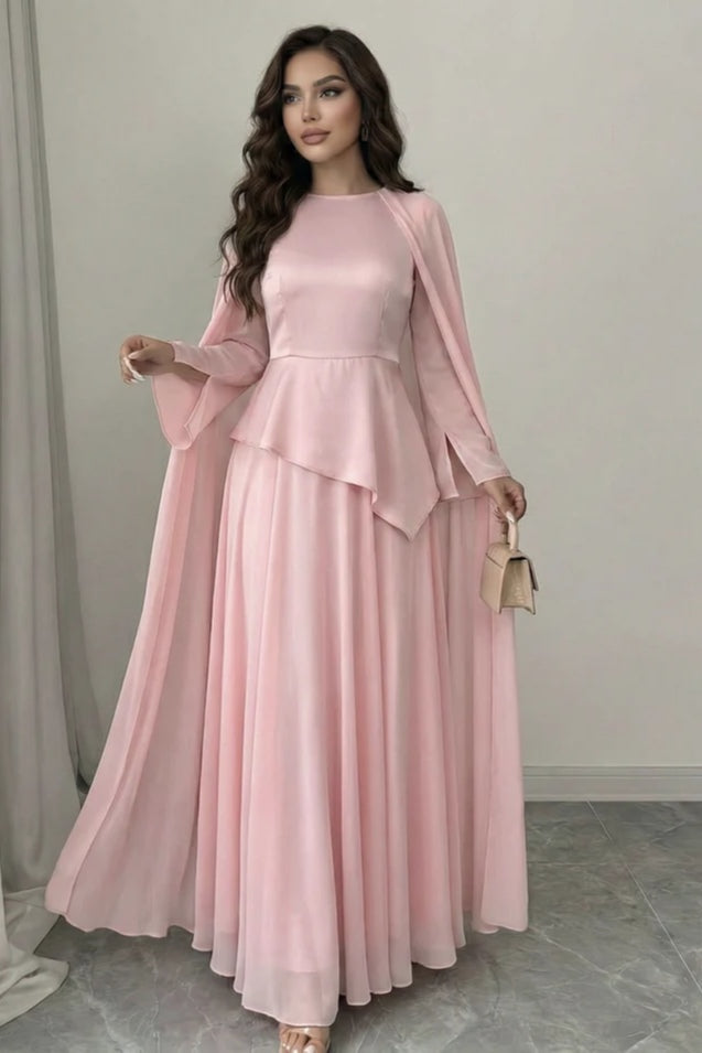 Sofia Peplum Cape Maxi Dress-Pink