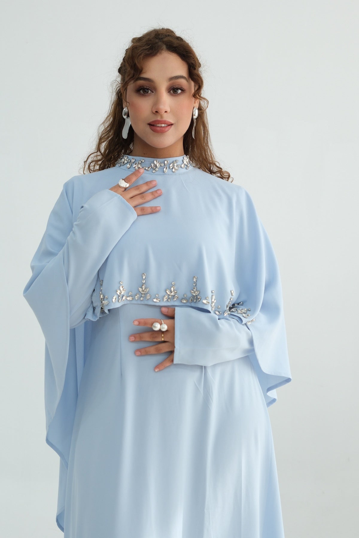 Maya Rhinestone Cape Layer Maxi Dress-Blue