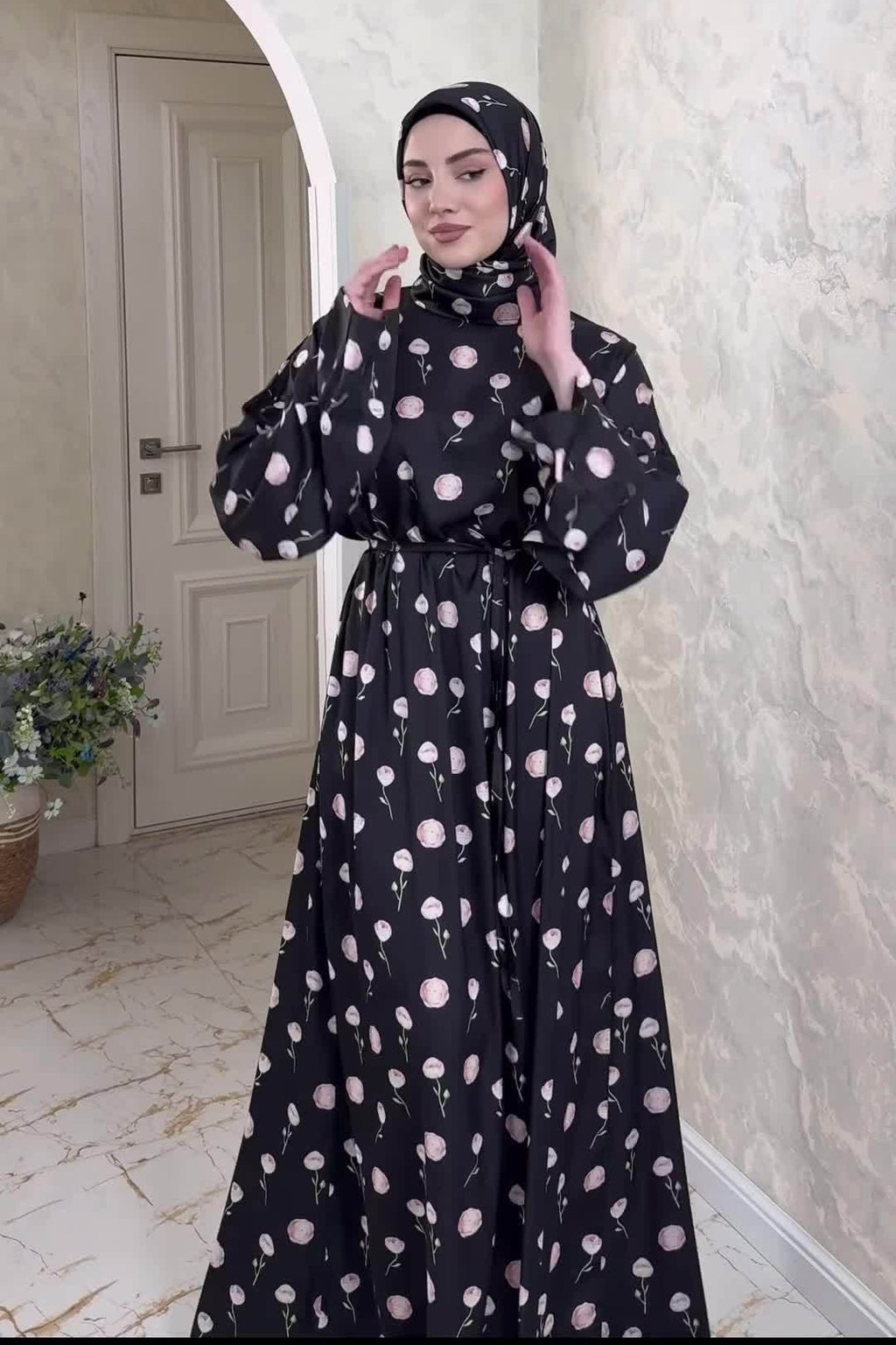 Rima Floral Print Tie Waist Abaya Hijab Set-Black