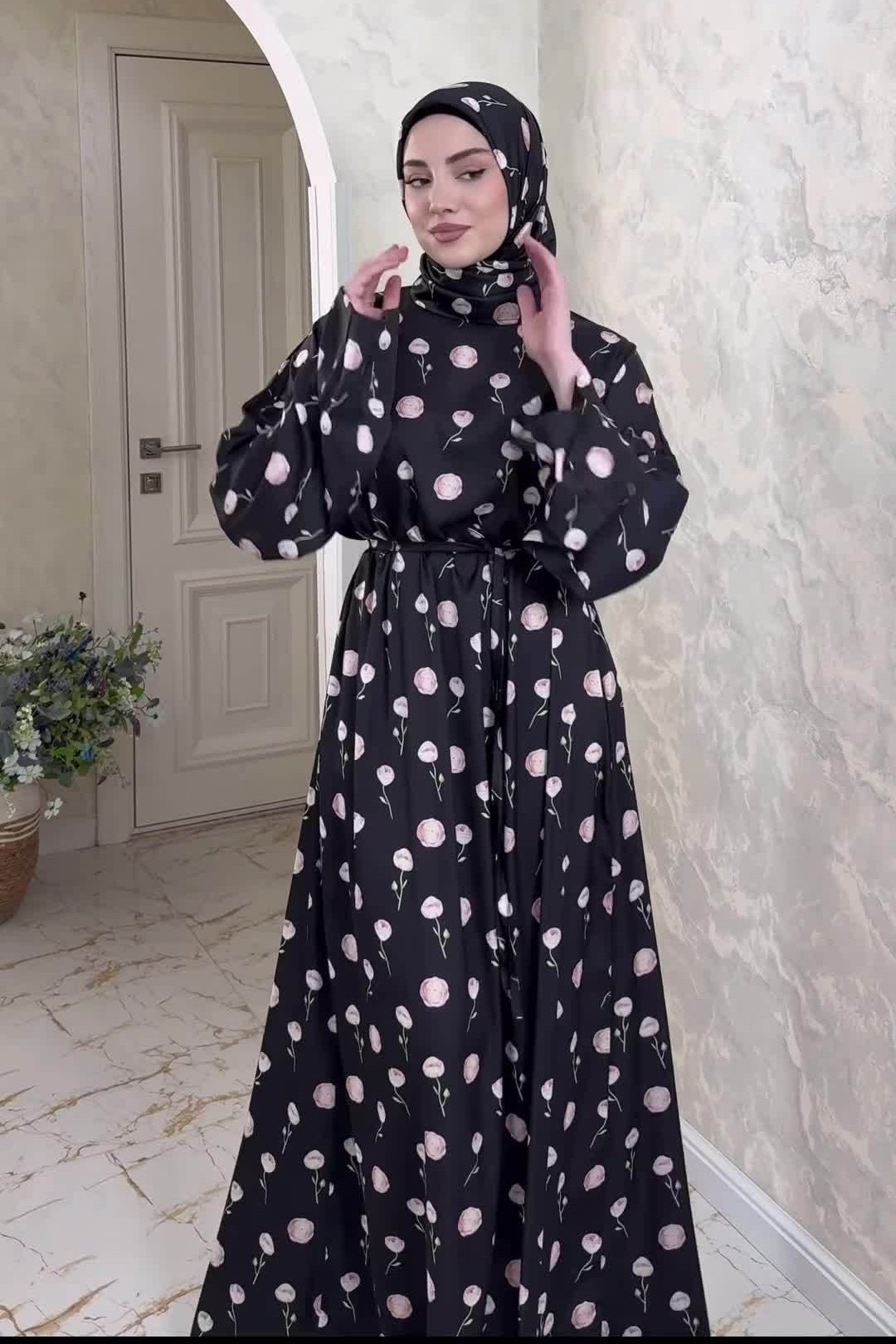 Rima Floral Print Tie Waist Abaya Hijab Set-Black