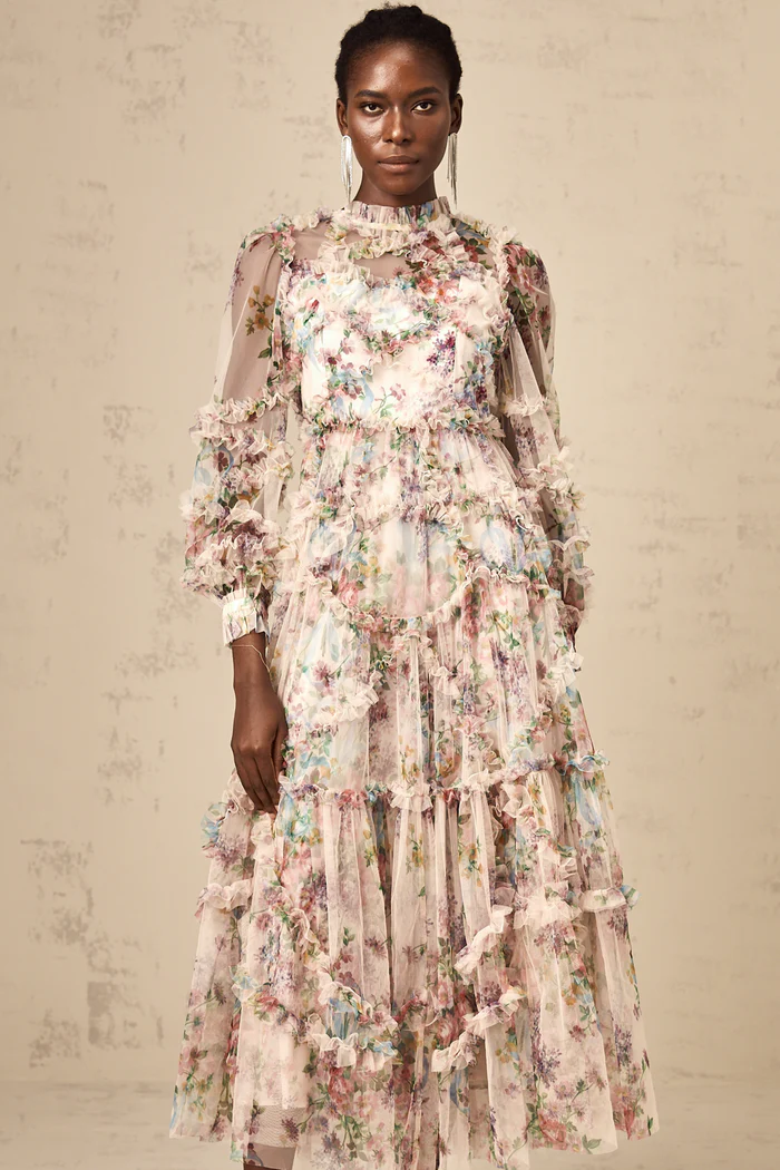 Candice Floral Ruffled Tulle Midi Dress-Apricot