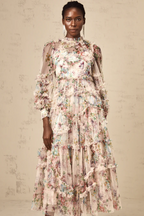 Candice Floral Ruffled Tulle Midi Dress-Apricot