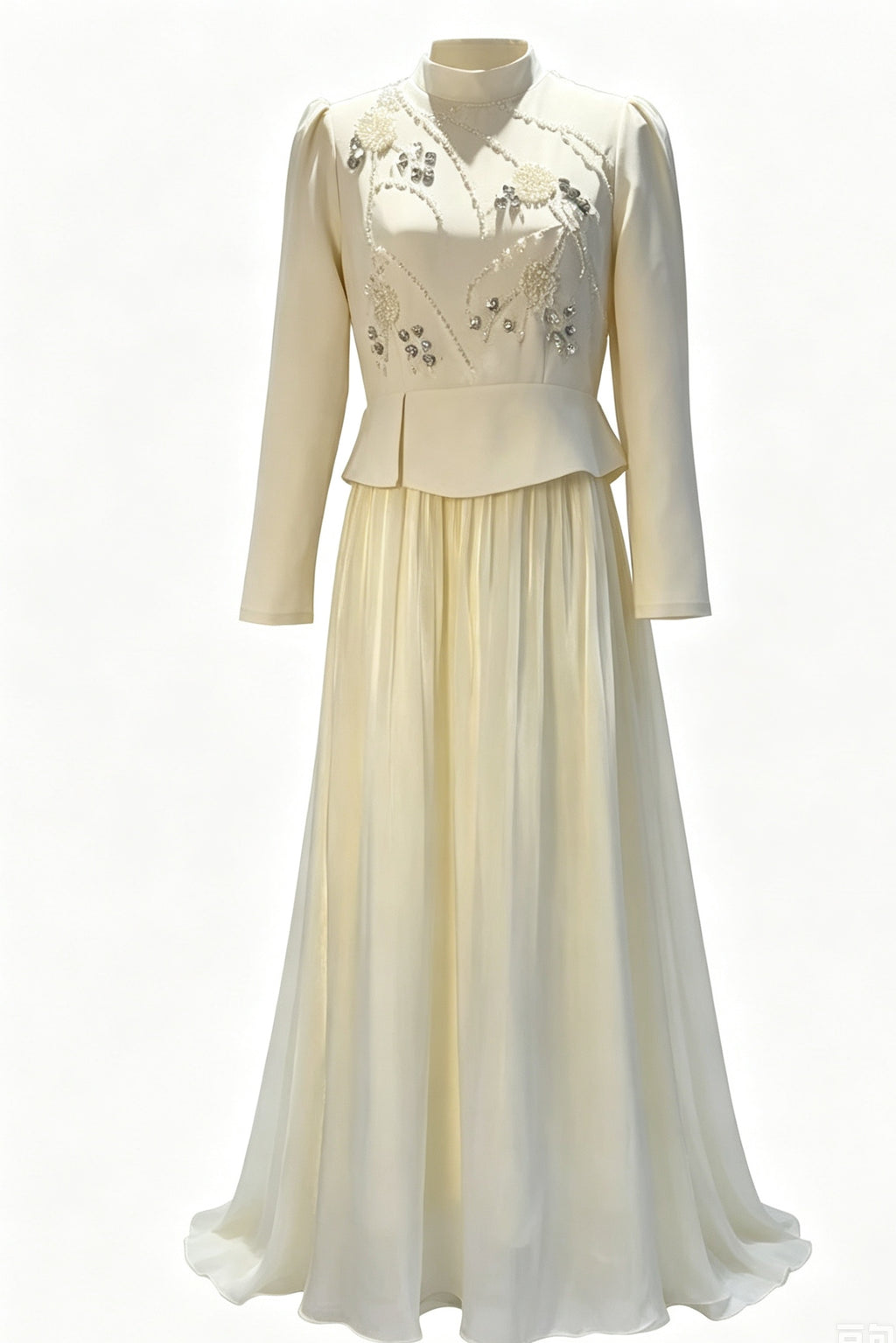 Yara Beaded Cape Peplum Pleated Maxi Dress-Apricot