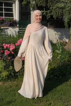 Zoe Draped Shoulder Textured Abaya-Apricot