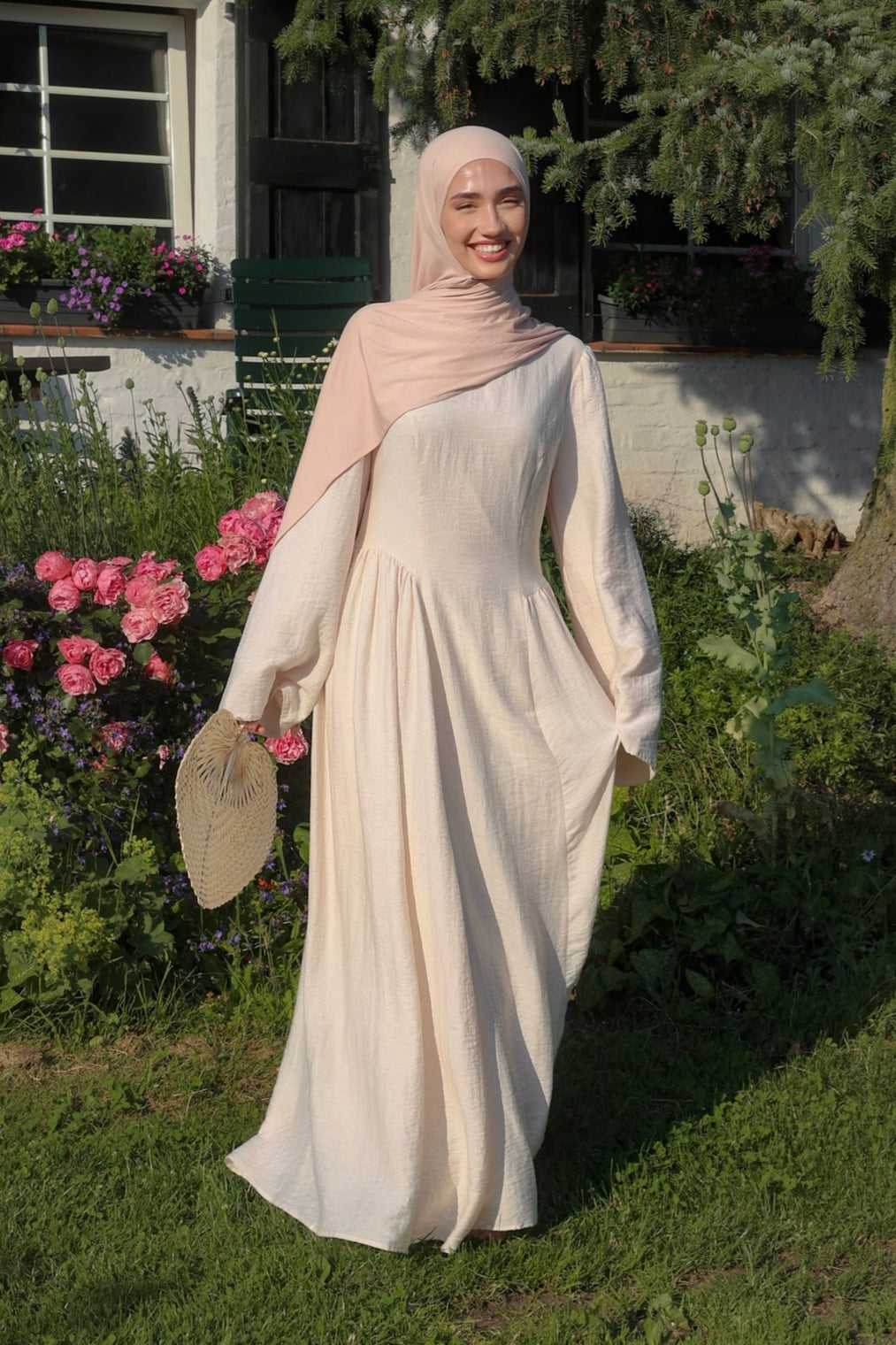 Zoe Draped Shoulder Textured Abaya-Apricot