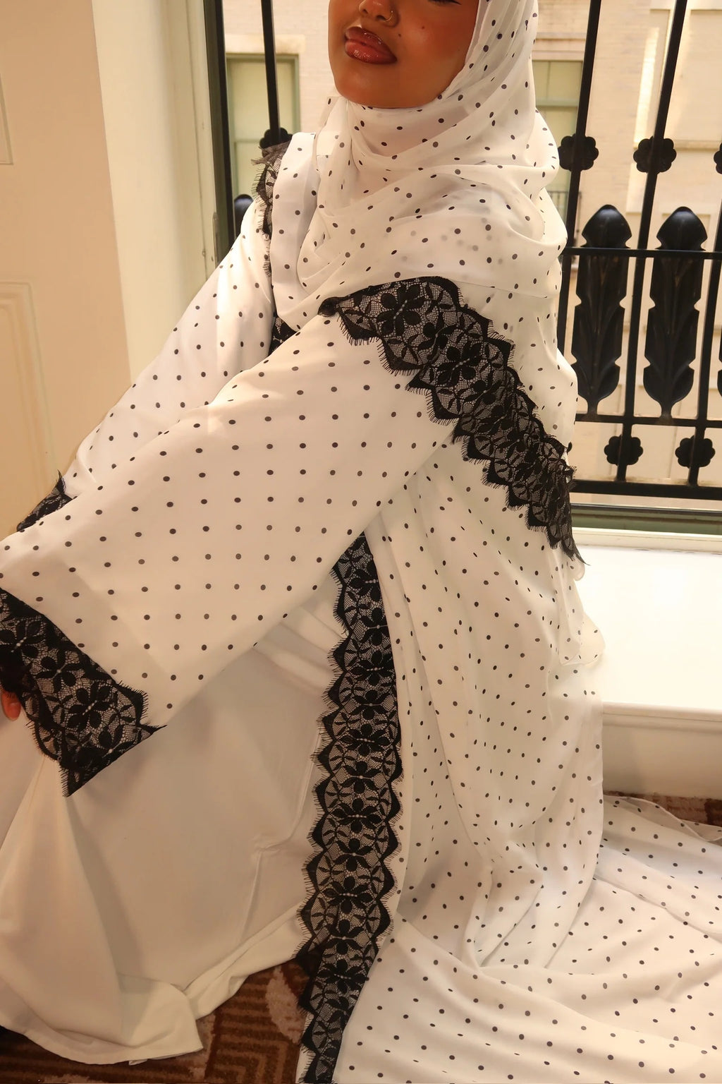 Nadia Lace‑Trimmed Polka‑Dot Abaya Set-White