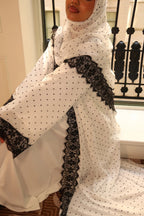 Nadia Lace‑Trimmed Polka‑Dot Abaya Set-White
