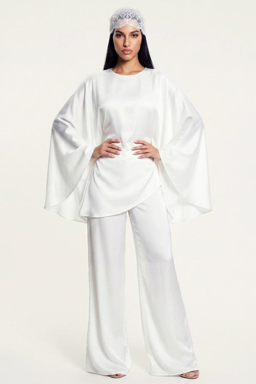 Sarah Cape Sleeve Pant Set-White