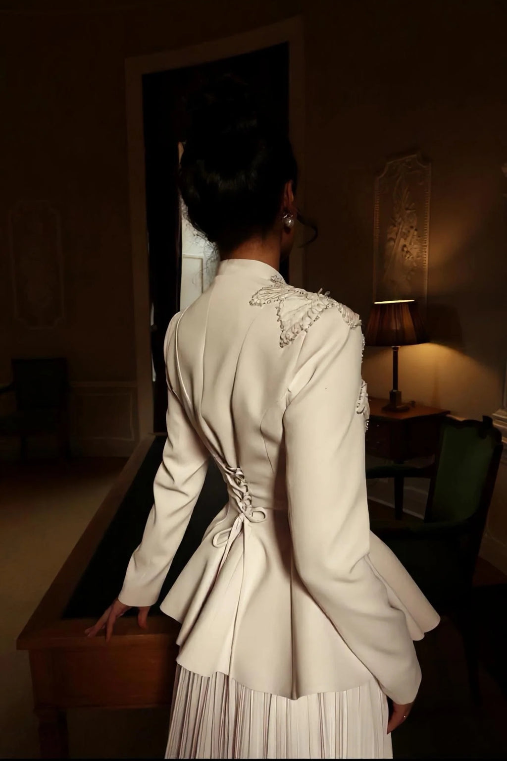 Embellished Peplum Jacket & Pleated Skirt Two-Piece Set-White